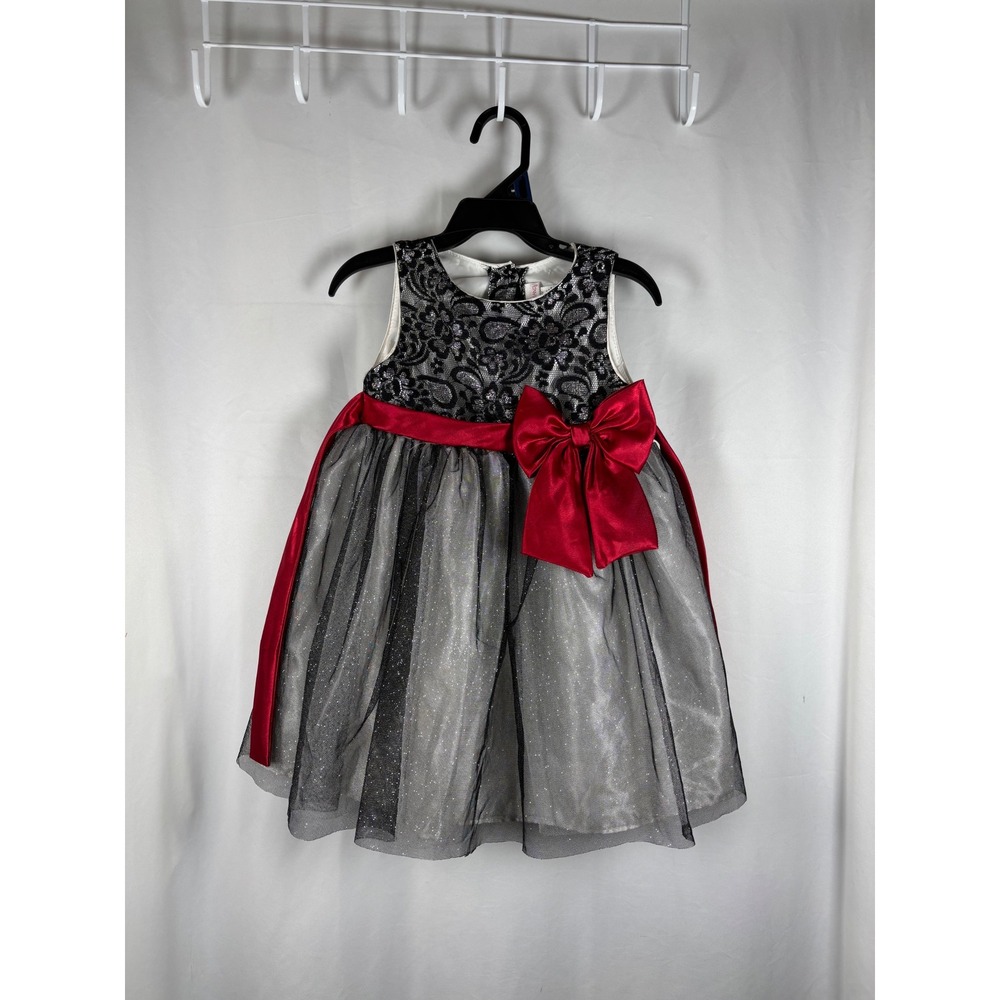 Youngland Girls Black Silver Lace Glitter Tulle‎ Dress Red Bow Holiday Party 3Y